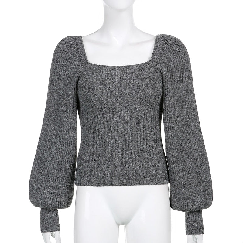 Knitted Women's Sweater Vintage Pullover Long Puff Sleeve Pink Square Neck Top Korean Fashion Style Autumn Winter Clothing