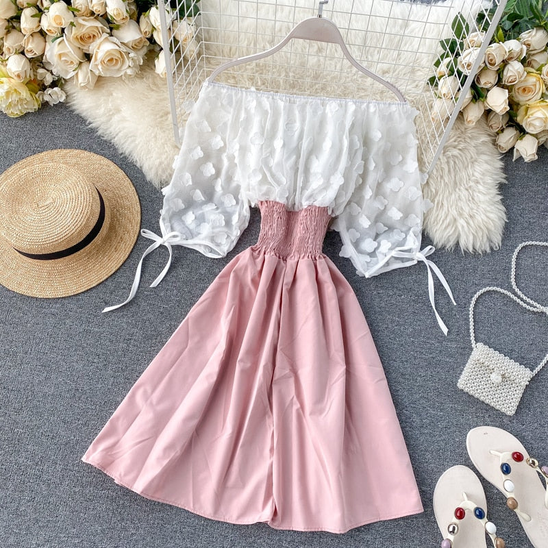 Sixsr  Spring Outfits Sexy Off Shoulder patchwork Summer Short Dress Party flower chiffon Slim waist lace up Women casual A-Line beach dress