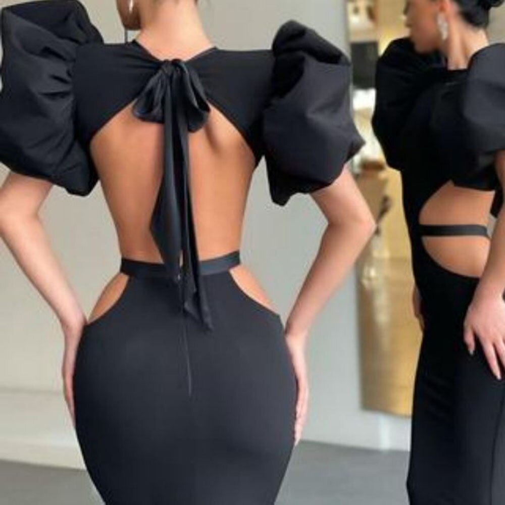 Summer Women's Dress Fashion Cut Out Backless Evening Sexy Night Club Party Black Puff Sleeve Celebrity Long Formal Dress
