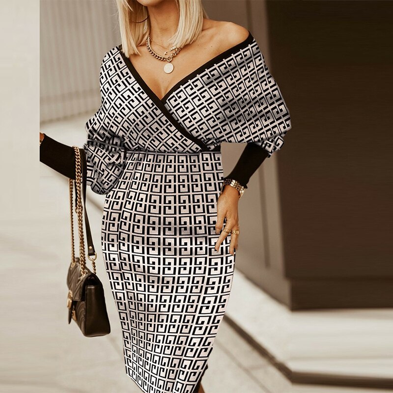 Sixsr Women Deep V-Neck Striped Plaid Party Dress Long Sleeve Spring Autumn Casual Ladies Hip Dress Skinny Sweet Streetwear Vestidos