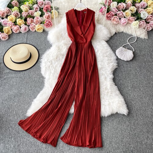 Vintage Notched Collar Draped Rompers For Women Casual Sleeveless High Waist Wide Leg Playsuits Female Beige/Green Jumpsuit