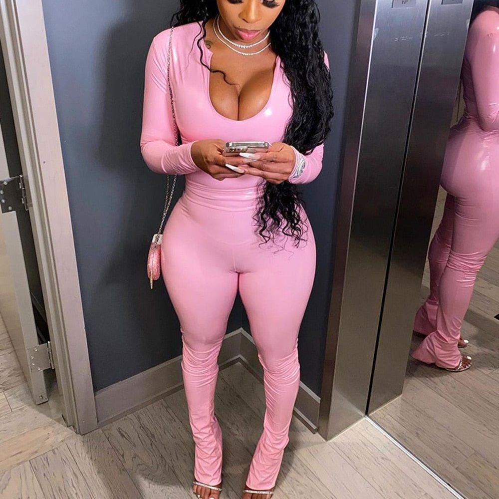 Sixsr Autumn Pink PU Leather Skinny Top and Flare Pants Hight Wasit Legging Two Piece Set Street Party Clubwear Sexy Bodycon Outfits