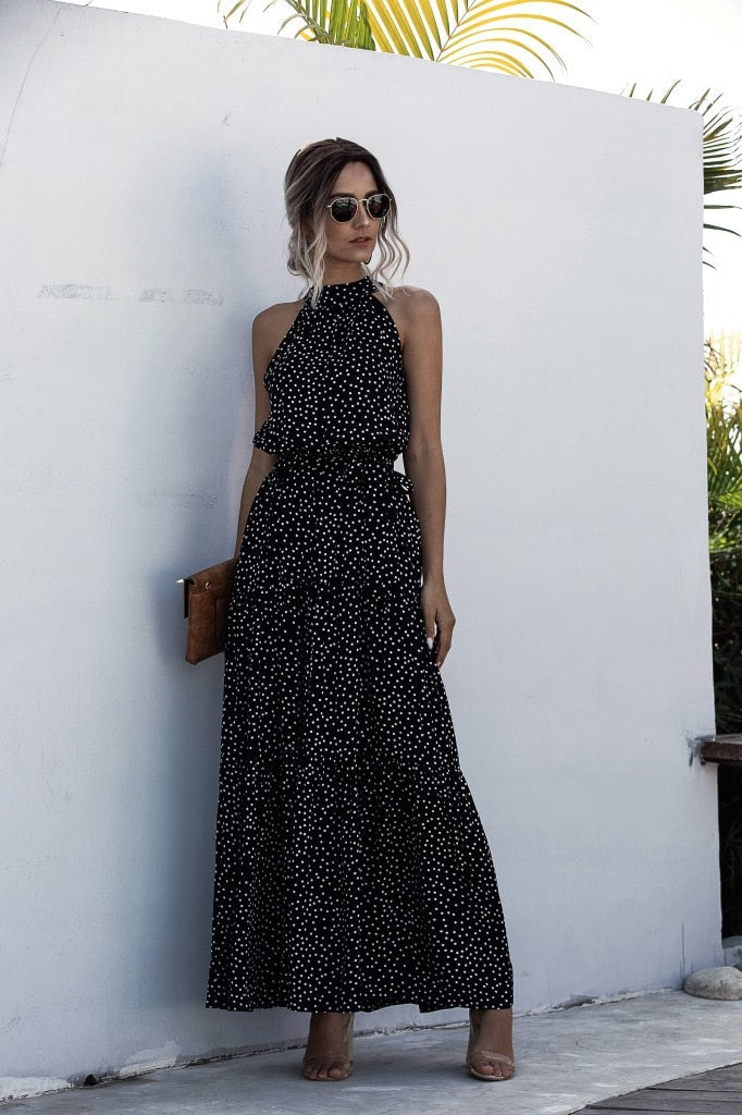 Sixsr Summer Elegant beach Women Dress long Print Flowers Polka-dot strap Ladies Halter boho Dress Vintage party ladies Dress