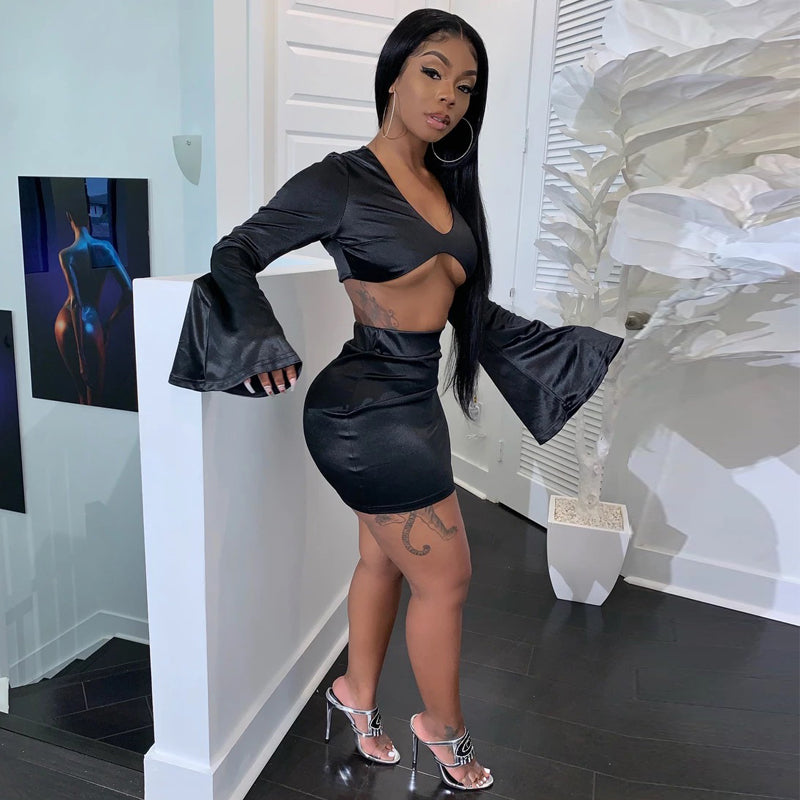 Sixsr Satin Flare Long Sleeve 2 Two Piece Matching Set Women Crop Top Skirt Autumn Winter Birthday Fashion Sexy Clothes