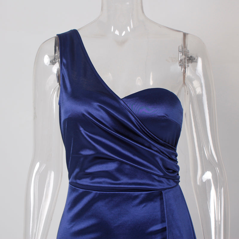 sixsr One Shoulder Padded Sexy Satin Maxi Dress Women's Evening Party Dress Gown with Ribbon Royal Blue Green Draped Long Dress