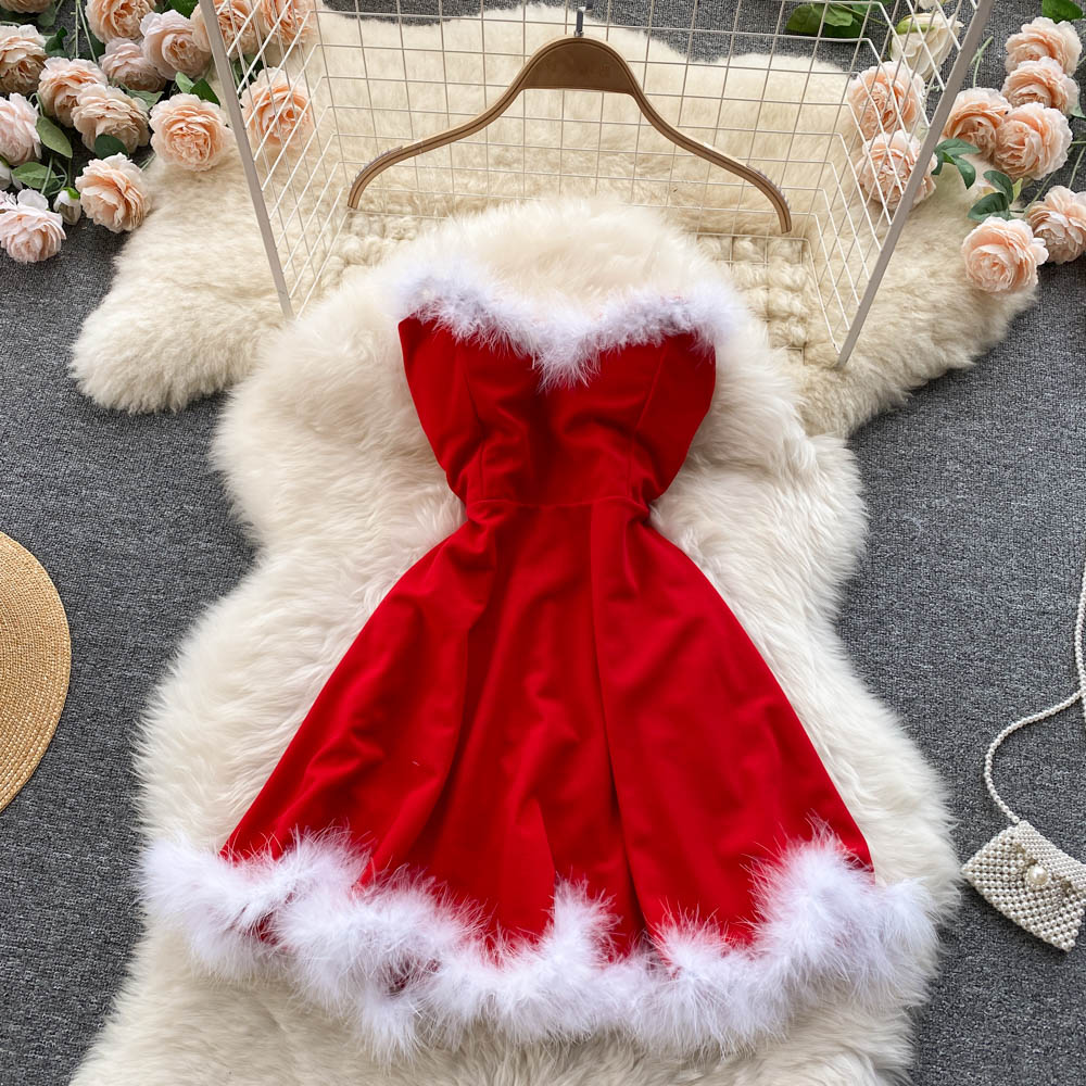 Sixsr Gifts For Women Elegant Dress For New Year Strapless Backless Furry Sexy Short Mini Christmas Dress Navidad Red Party Dress Femme