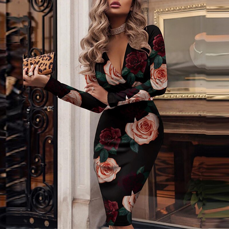 Sixsr Women Sexy Deep V Neck Slim Club Party Dress Spring Fall Elegant Long Sleeve Midi Dresses Fashion Sequin Patchwork Bodycon Dress