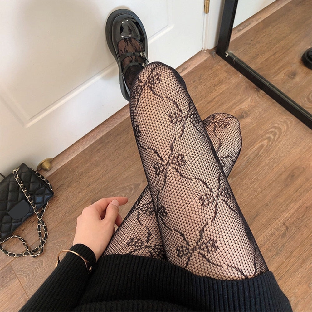 sixsr Women's Pantyhose Fishnet Stockings High Elastic Letter Fishnet Stockings Sexy Luxury High-end Stockings Mesh Hollow Tights