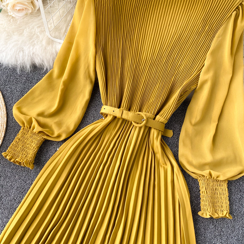 Sixsr Vintage Women Pleated Long Dress Female Elegant Lantern Long Sleeve High Waist Red/Purple Draped Maxi Vestidos Spring Autumn New