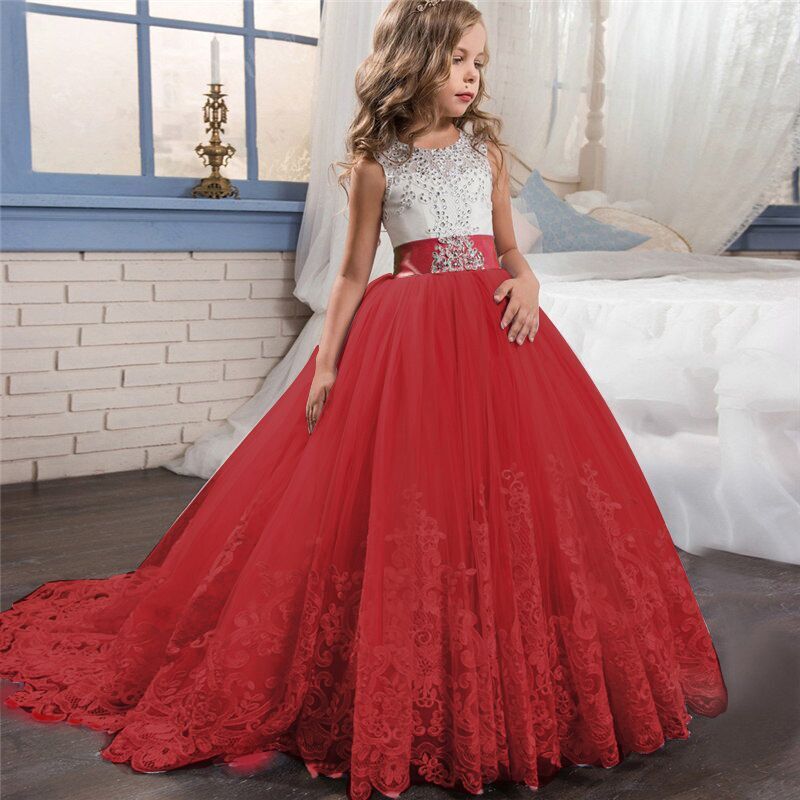 sixsr Red Girl Lace Embroidery Christmas Birthday Party Dress Flower Wedding Gown Formal Kids Dresses For Girls Teen Clothes 6 14 Yrs