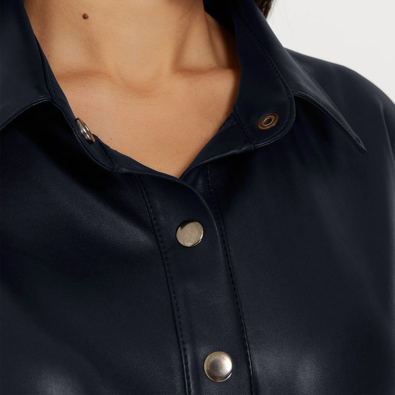 Sixsr Winter Casual Sashes Pu Leather A-Line Dresses Women Turn-down Collar Long Sleeve Solid Color Knee Dress Office Lady Wear