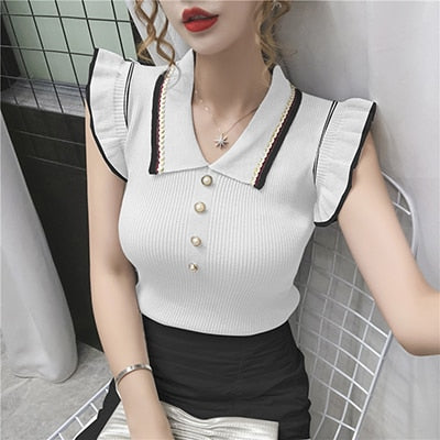 sixsr Womens Fashion Trends Summer Fashion Korean Slim Crop Tops Women Turn-down Collar Knitted T-shirts Sleeveless Ruffles T Shirt Female Tee Shirt Femme