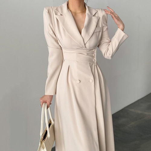 Sixsr High Waisted Maxi Dresses for Women Long Sleeve Double Breasted Chic Korean Fashion Notched Vestido De Mujer Elegant Vintage Y2k