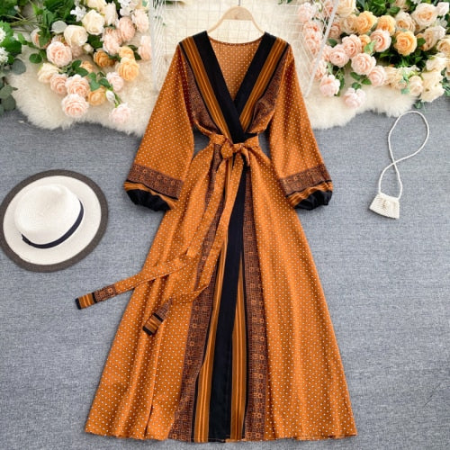 Sixsr Spring Autumn Women Printed Long Dress Vintage Puff Long Sleeve High Waist A-Line Vestidos Female New Fashion Beach Robe