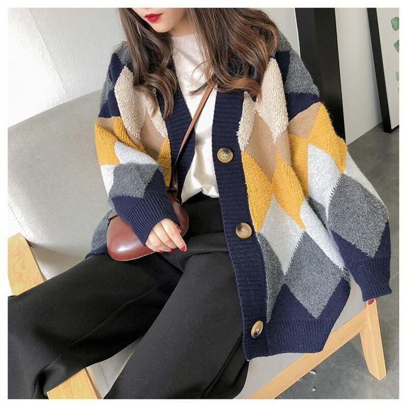 Sixsr Womens Fashion Spring Winter Women's Plaid Plus Velvet Warm Knitted Sweaters Cardigans Long Sleeve Checkered Coat Oversize Sweater Jackets