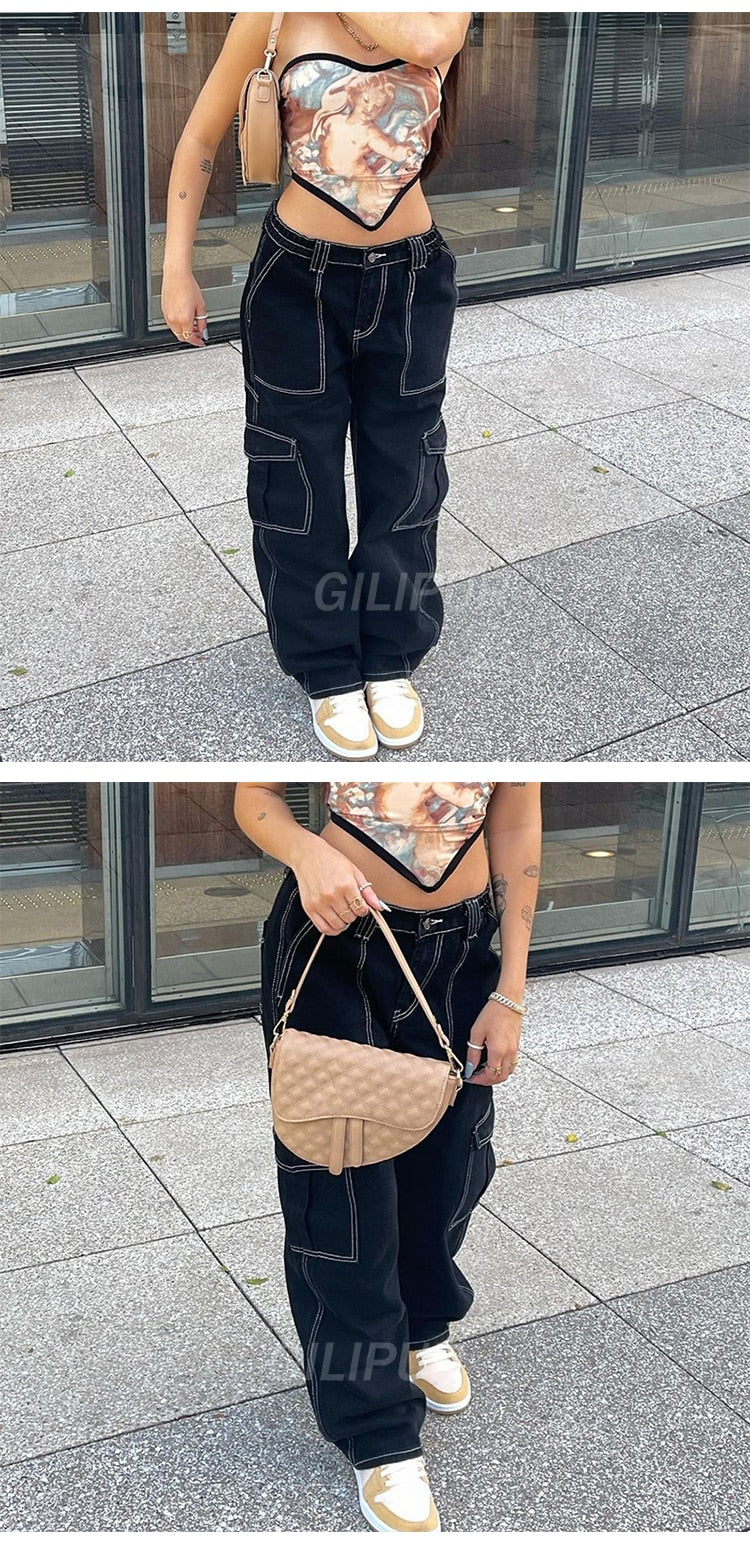 Sixsr Y2k Cargo Pants Women's Jeans New Fashion Baggy Jeans Denim Overalls 90s Low Rise Pocket Straight Leg Trousers Streetwear