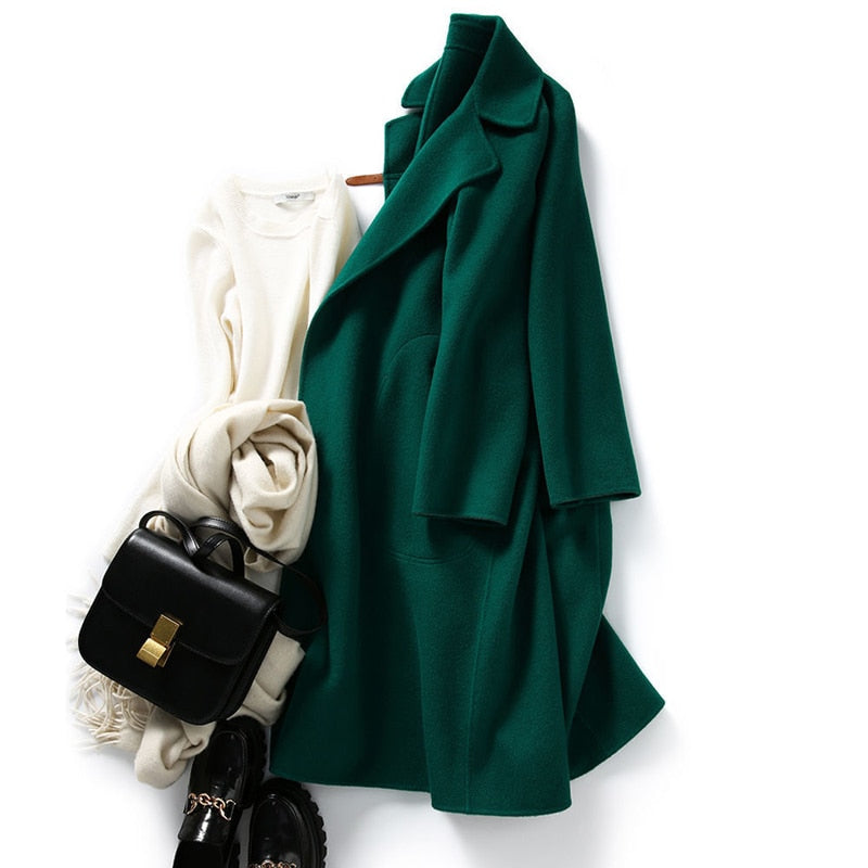 Sixsr Women Elegant Retro Wool Coat with Belt Winter Warm Overcoat Outwear Plus Size Female Korean High Quality Green Blends Coat