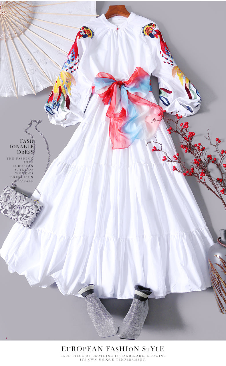 sixsr High Quality Luxury Design Runway Female Elegant Embroidery Women Dress Lantern Sleeve High Waist Maxi Long Dresses