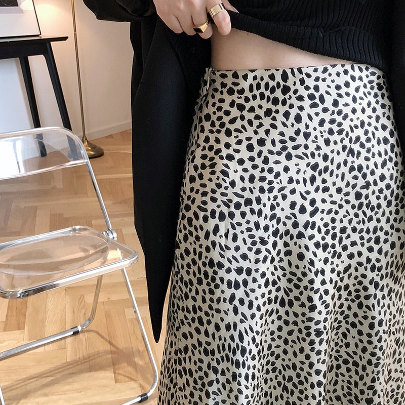 Satin Leopard-print Skirt Female Summer High Waist Hip-covered Fish Tail A- Line Skirt