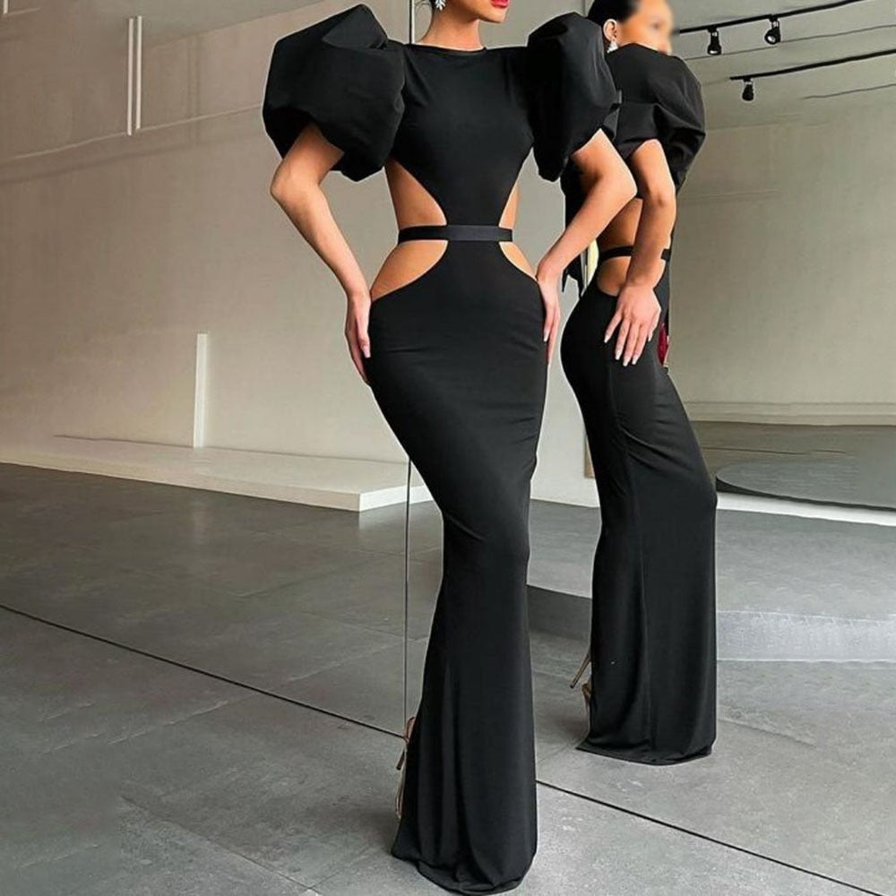 Summer Women's Dress Fashion Cut Out Backless Evening Sexy Night Club Party Black Puff Sleeve Celebrity Long Formal Dress