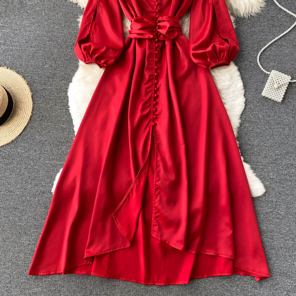 Sixsr Womens Fashion Irregular Maxi Dress Women Design Hollow Puff Sleeve A-line Dress New Autumn Casual Vacation Split Long Dress