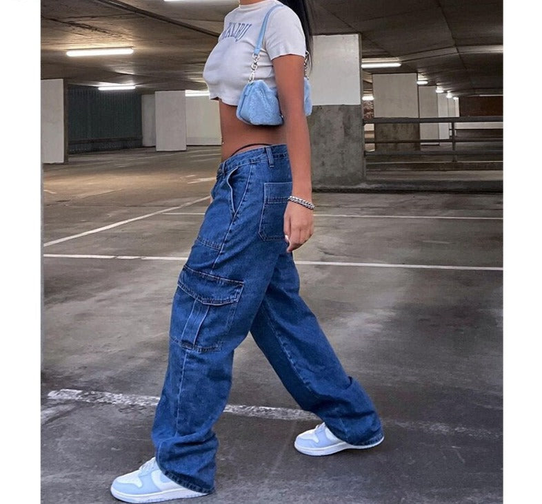 Sixsr Y2k Cargo Pants Women's Jeans New Fashion Baggy Jeans Denim Overalls 90s Low Rise Pocket Straight Leg Trousers Streetwear