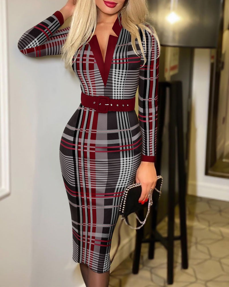 Sixsr Spring Outfits  Trends Office Lady Long Sleeve V-neck Maxi Dress Spring Autumn Vintage Print Slim High Waist Belted Vestidos De Mujer Elegant Dresses