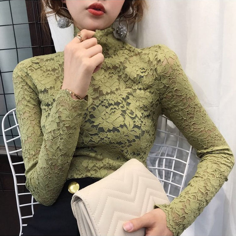 Sixsr gifts for women Plus Size Women Lace Blouses Shirts Sexy Hollow Out Long Sleeve Solid Blouse Lady Elegant Floral Embroidery Elastic Shirt Tops