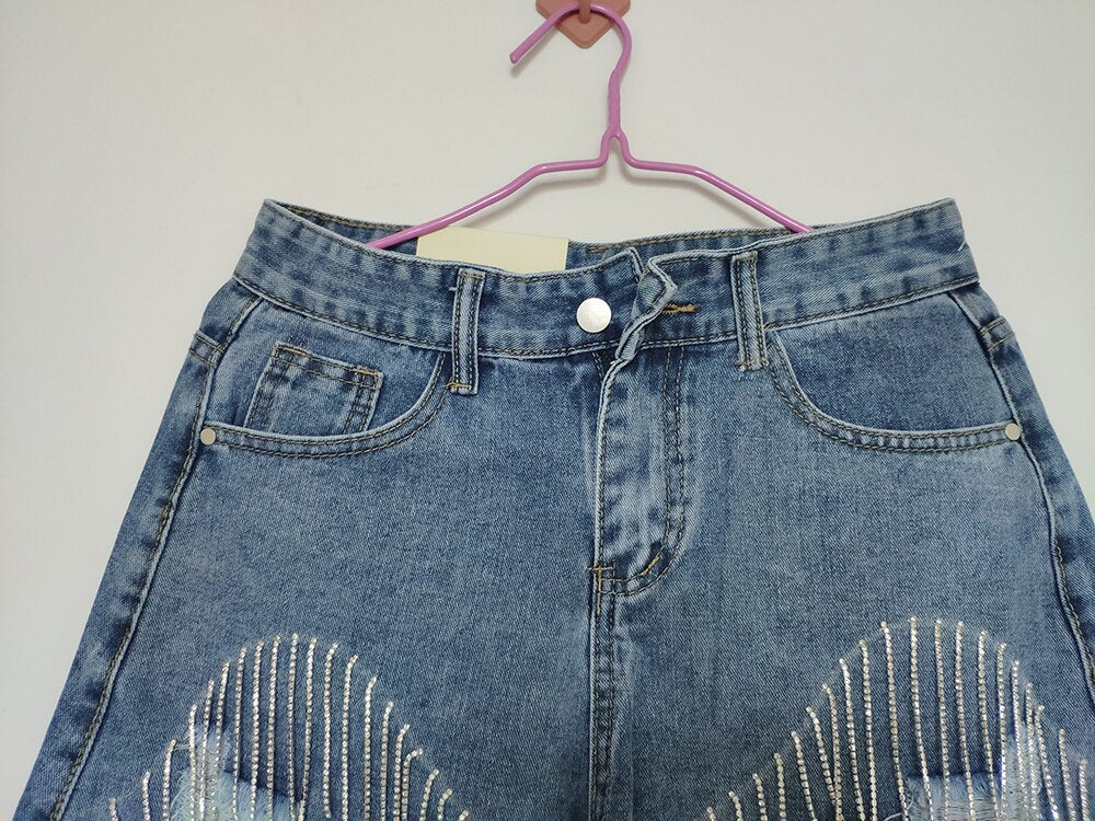 sixsr Spring Autumn Fashion Tide Denim Short Women High Street Rhinestone Sequins Hole Tassel Fit Wild Clothing
