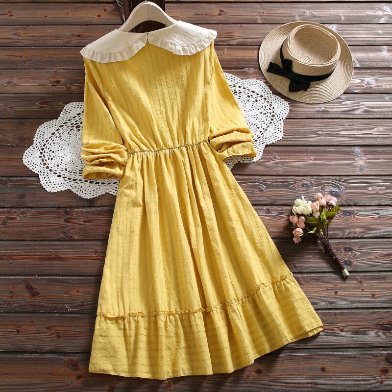 Sixsr Spring autumn japan style cute kawaii solid dress new design peter pan collar women raffles causal dress