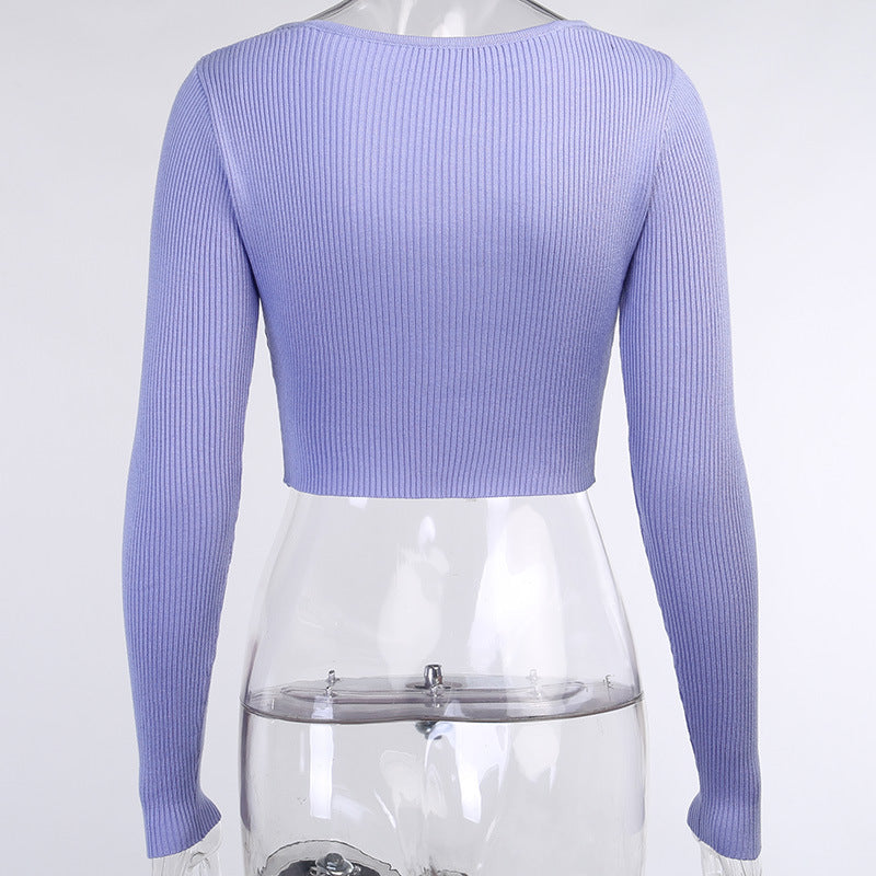 Sixsr Fashion Trends European and American Fashion Autumn New Women's Solid Color Long-sleeved Slim Top Feminine Peach Heart V-neck Woolen Sweater