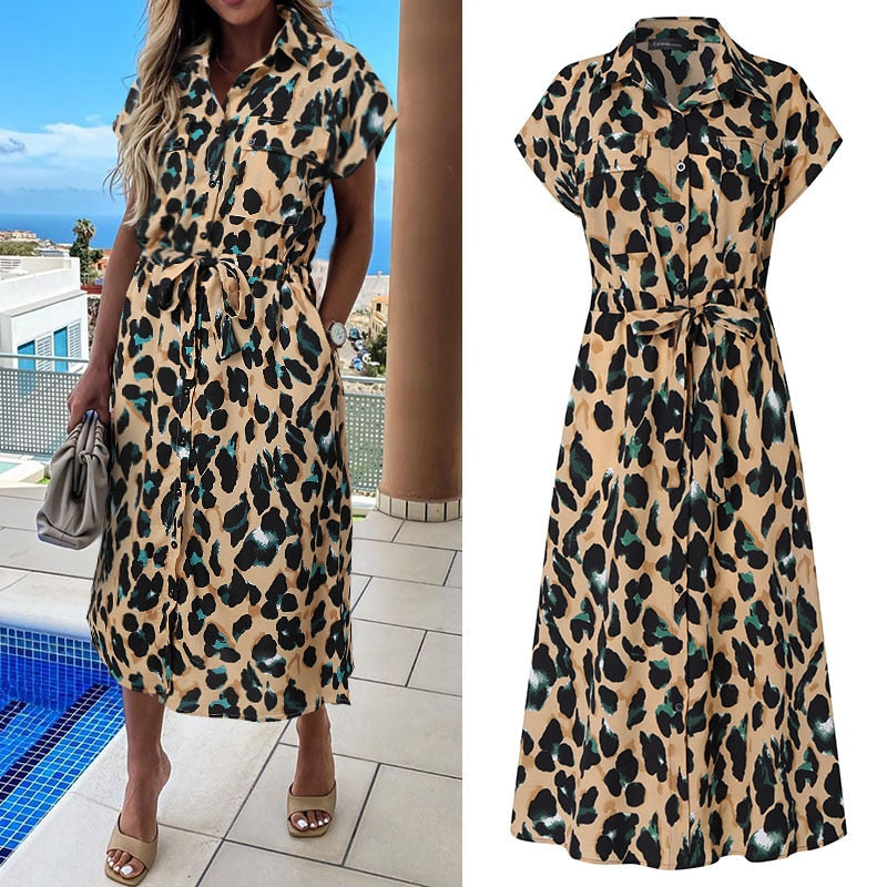 Sixsr Summer Sundress Women Elegant Dress Plus Size Short Sleeve Casual Loose Buttons High Waist Work Midi Vestidos Robe
