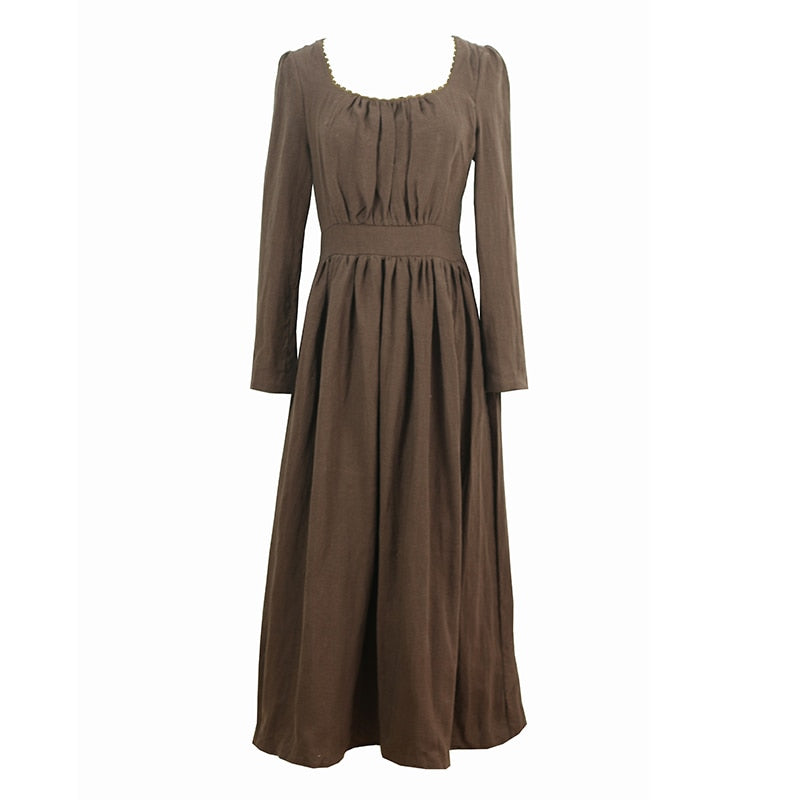 sixsr Spring Autumn Women 100%Linen Coffee Long Dress Ladies Victoria Royal Vintage Elegant Long Sleeve High Waist Dress robe longue