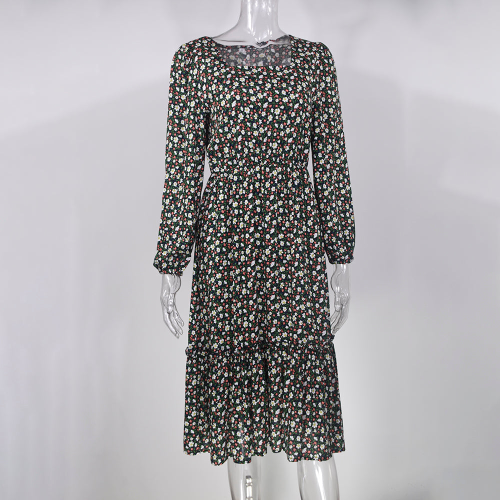 sixsr Women Long Dress Autumn Winter Long Sleeve Elegant Ladies Flower Square Collar Dresses Party Black Clothes For Woman