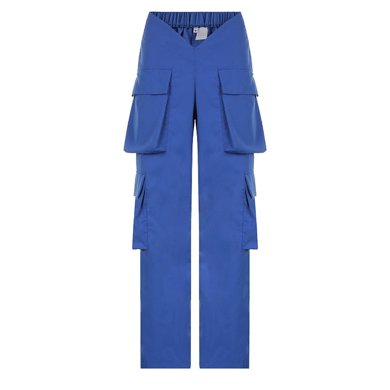 Vintage Y2k Cargo Pants Women Elastic High Waist Big Pockets Baggy Casual Capris Aesthetic Autumn Jogger Sweatpants