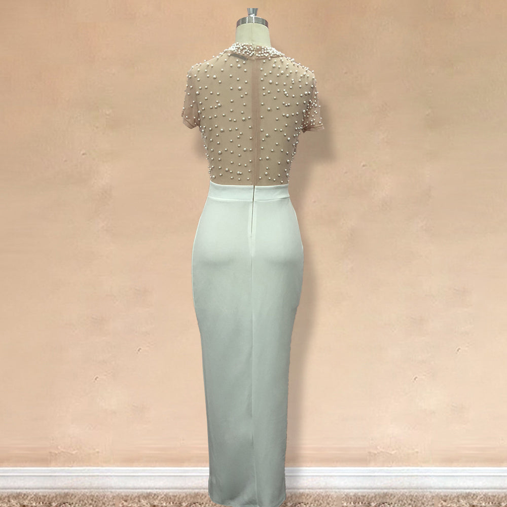 Sixsr Women Sexy Dress Transparent Tulle with Bead Tops Patchwork Slit Party Dresses Short Sleeves Female Summer Night Date Out