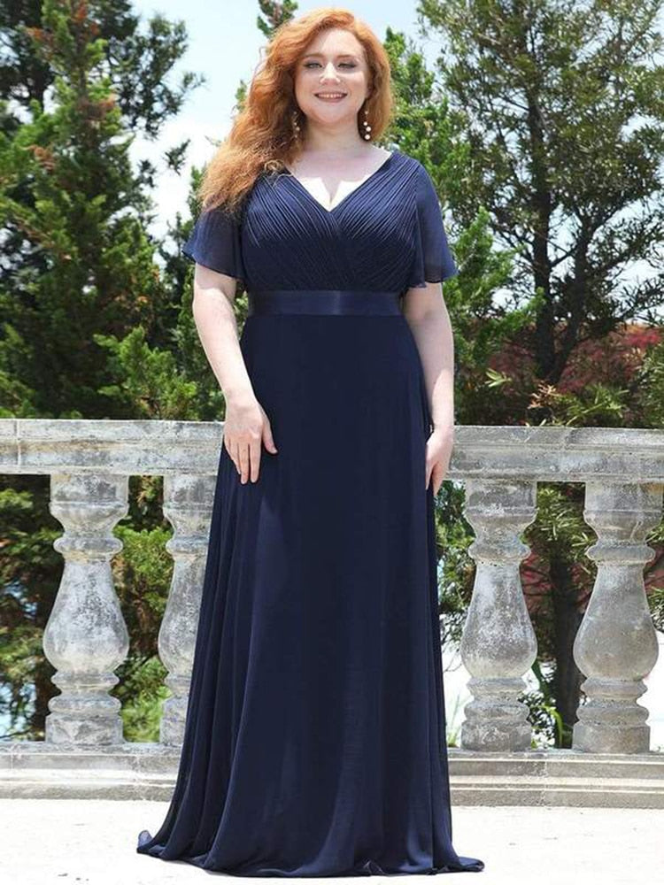 sixsr Summer Outfits New Women Plus Size Evening Dresses Long Elegant A Line V Neck Ruffles Chiffon Formal Wedding Party Dress Robe De Soiree