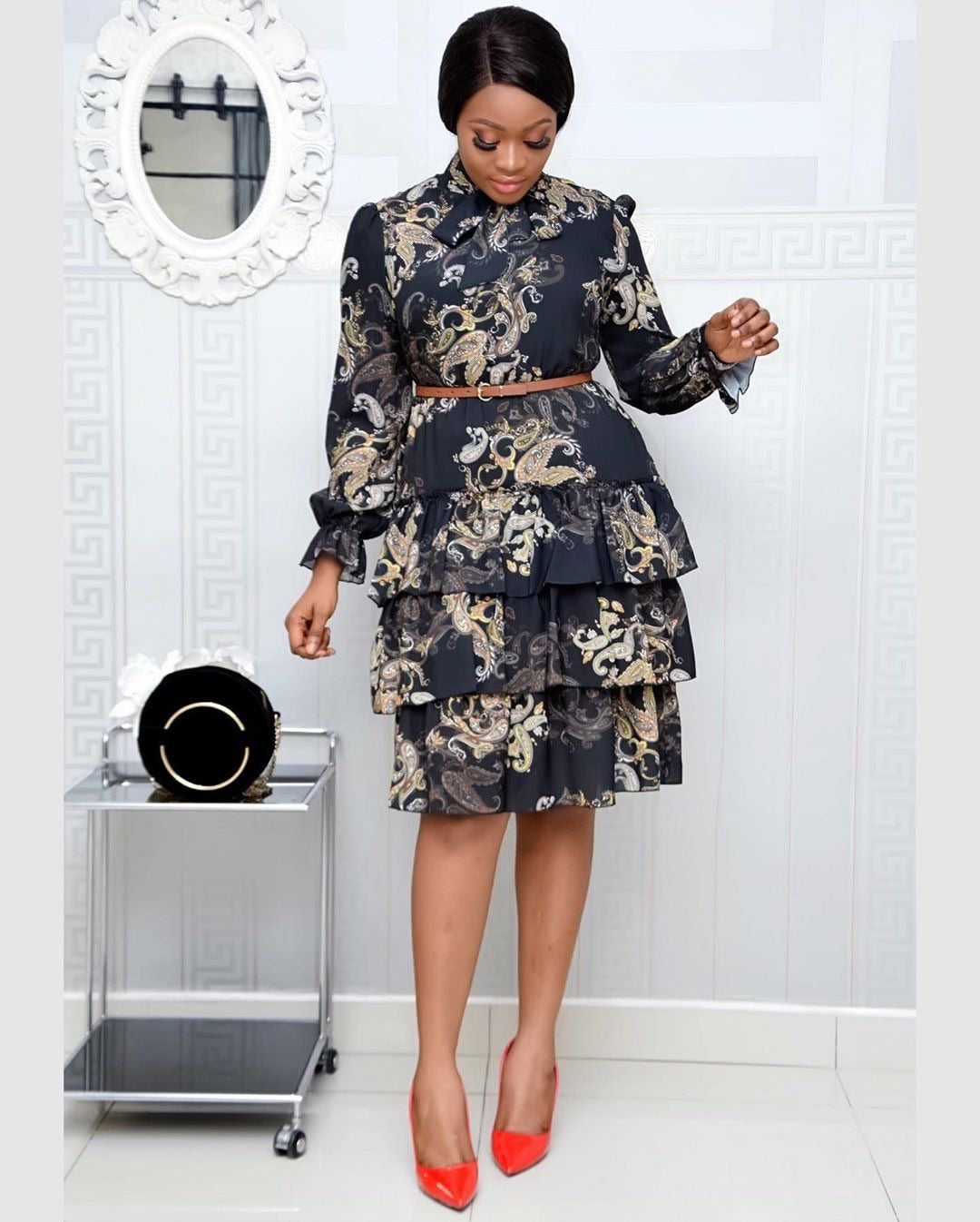 Sixsr Women Printed Dresses Long Sleeves Bowtie Cake Dress Female Ruffles Pleated Africn Fashion Lovely Date Sweet Vestidos Plus Size