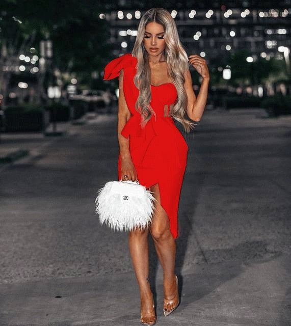 sixsr New Summer Fashion Women Bodycon Dress One Shoulder Bow Mesh Ruffle Sleeveless Bandage Dress Celebrity Party Evening Sexy