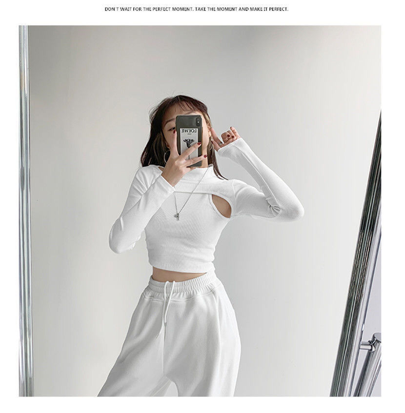 Sixsr Hollow Knitted Crop Tops Women New Fitness Fake Two-piece T-shirt Female Black White Long Sleeve Tops