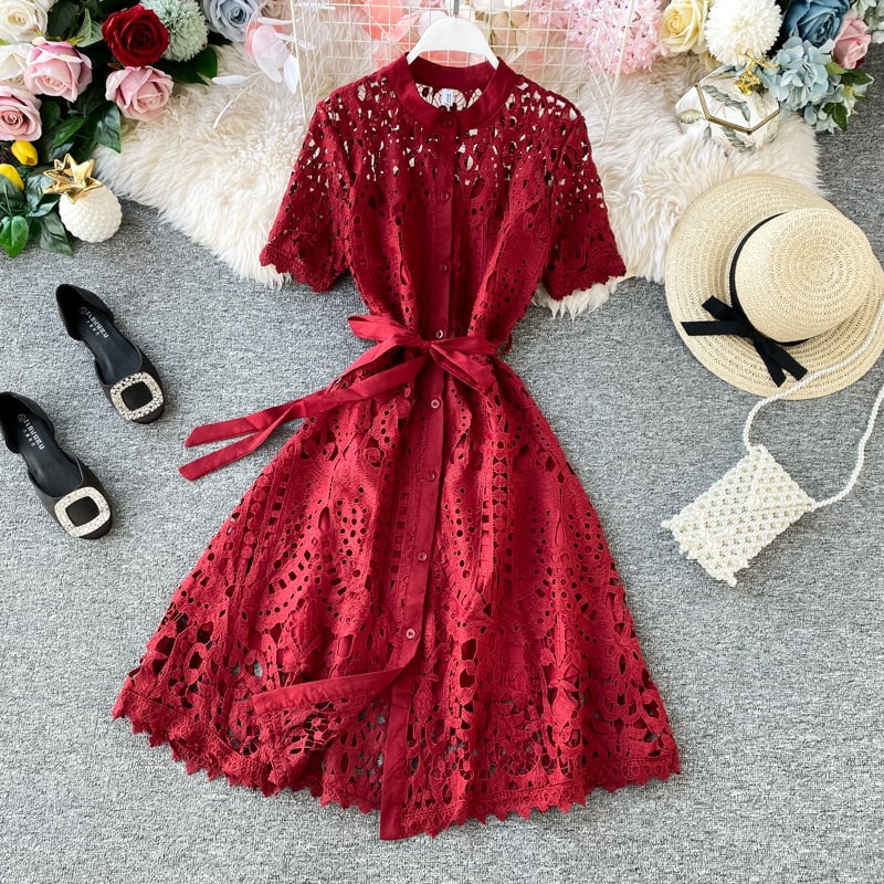 Sixsr Women Elegant Hollow Out Lace Dress Office Lady Summer Solid O-Neck Button up Sashes Midi Dress Female Chic Short Sleeve Dress