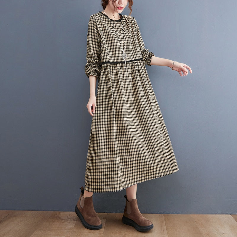 New Fashion Plaid Patchwork Lace Long Sleeve Autumn Dress Cotton Linen Office Lady Work Dress Women Casual Spring Dress