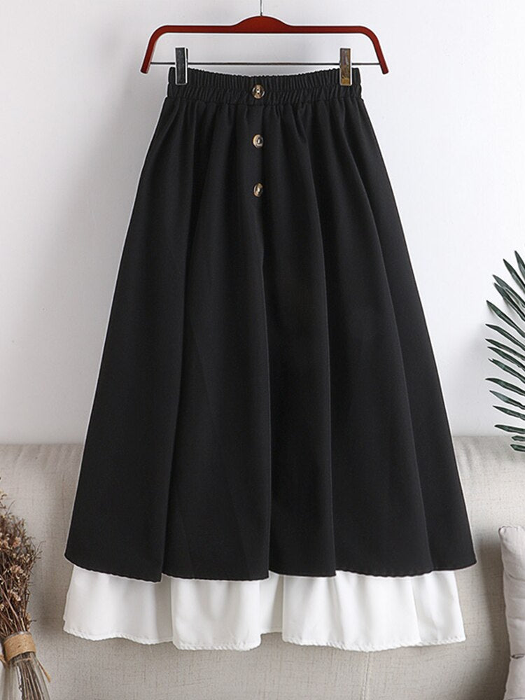 Sixsr Winter Thick Korean Style Midi Long Pleated Skirt Women White Patchwork Button High Waist A Line Skirt Female