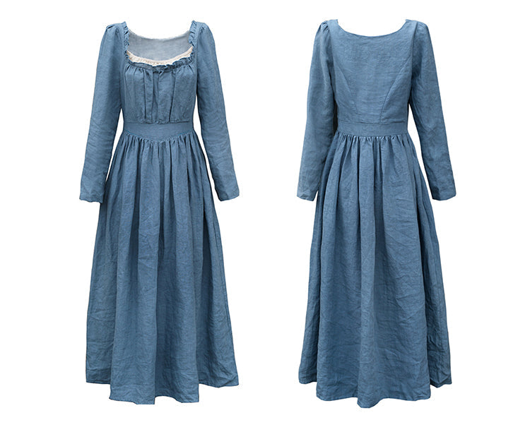 sixsr Spring Autumn Women 100%Linen Coffee Long Dress Ladies Victoria Royal Vintage Elegant Long Sleeve High Waist Dress robe longue