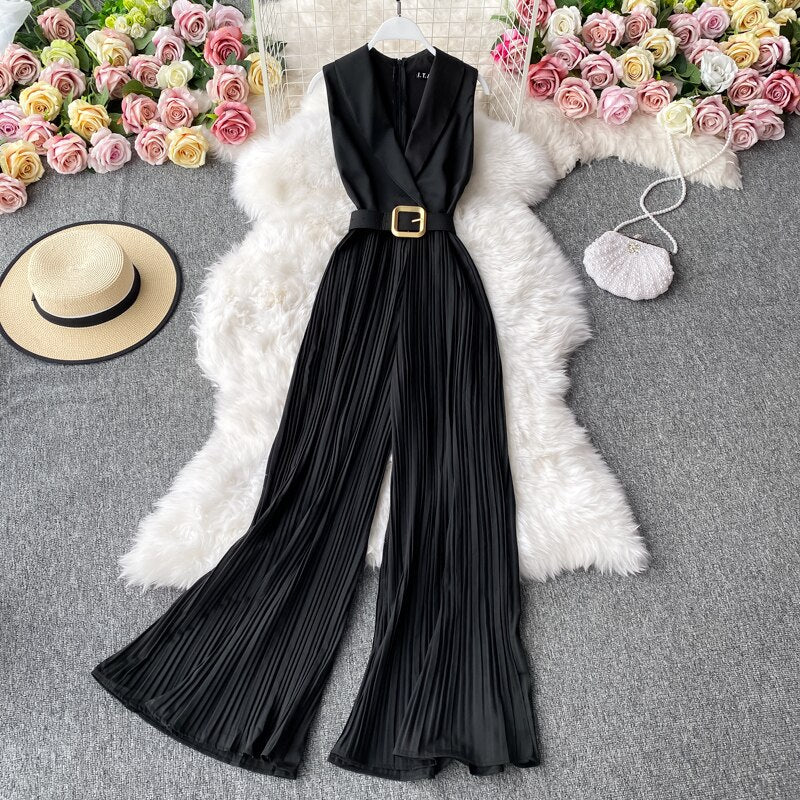 Vintage Notched Collar Draped Rompers For Women Casual Sleeveless High Waist Wide Leg Playsuits Female Beige/Green Jumpsuit