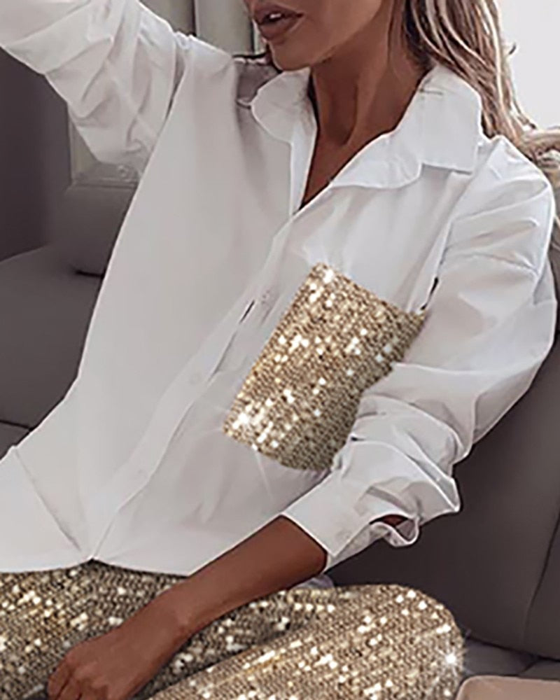 Sixsr Women Fashion Sequin Two Piece Set Long Sleeve Womens Tops And Blouses Femme Two Piece Outfits Elastic Waist Long Pants Sets