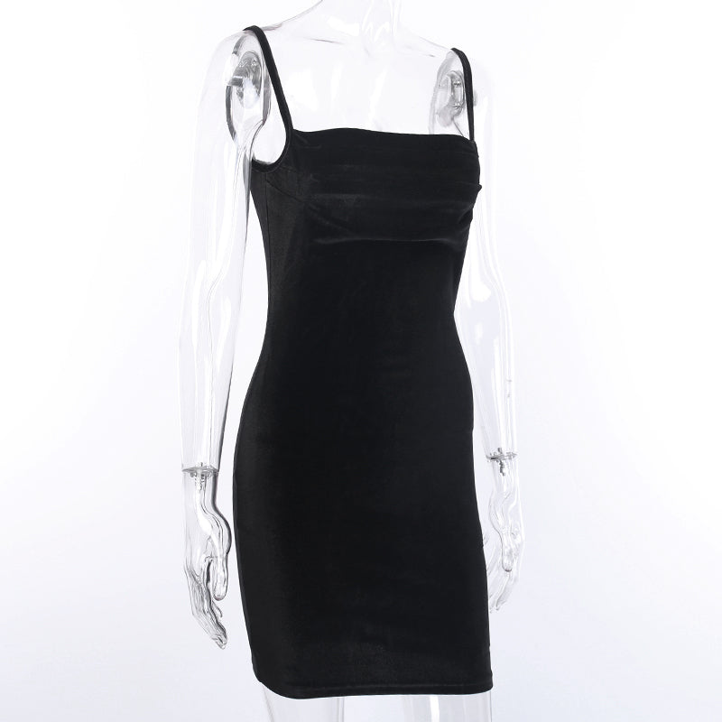 sixsr Womens Fashion Black Velvet Spaghetti Strap Dress Front Ruched Mini Skinny Sleeveless Off Shoulder Women Fashion Elegant Party Dress