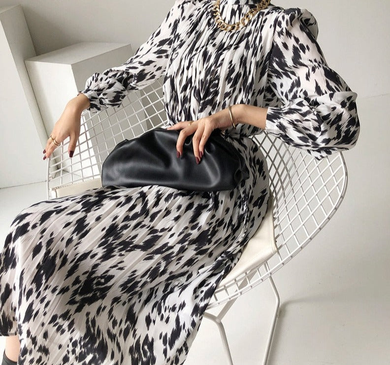 Spring New Stand Collar Women Full Sleeve Dress Elegant Hit Color Female Lace-up Printed Midi Dress Vestidos