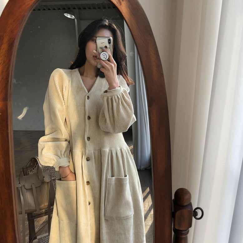 Sixsr Women Autumn Winter Vintage Long Dress Elegant Full Sleeve Single Breasted Tunic Casual Corduroy Dress with Pocket Vestidos