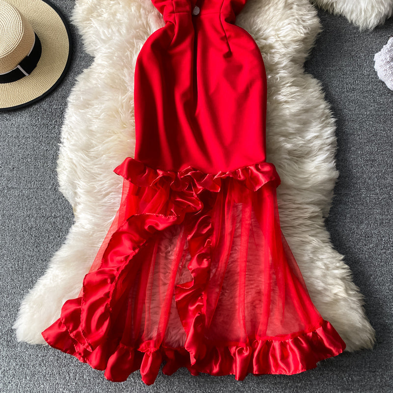 Sixsr Trends  high quality Women Spaghetti Strap Sexy Dress Strapless Bodycon Slim Red Dinner Party Dresses Mesh Patchwork Female Summer Long Dress
